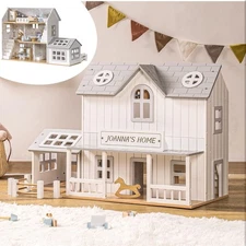 ROBUD Wooden Dollhouse, Modern Vintage Farm Dollhouse with 25Pcs Furniture NIB 