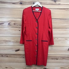 Vtg Talbots Depeche Dress 12 Red Navy Blue Button Up Secretary LS V-Neck B3