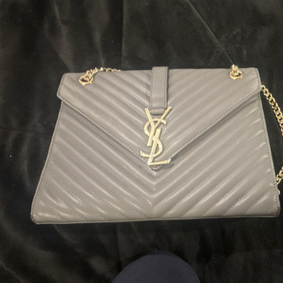 Saint Laurent Gray Quilted Chain Shoulder Bag Gold Hardware Chevron Logo