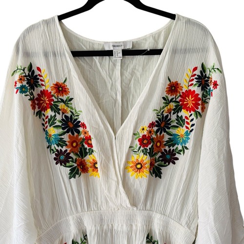 Forever 21 White W/ Multi Color Floral Embroidery Swim Cover Up Mini Dress SZ 1X - Picture 5 of 9