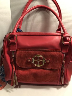 IMAN Split Leather Satchel Handbag Purse Orange Red Suede Tassels & Front LARGE