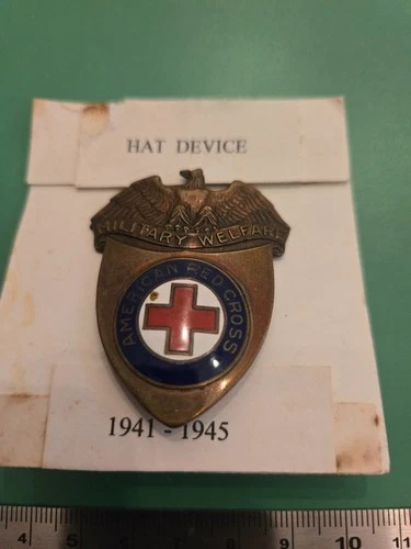 WW2 American Red Cross MILITARY WELFARE Enameled Bronze HAT PIN 1-5/8" x 2