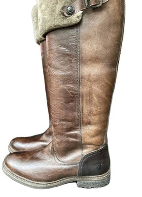 Frye Mara Button Brown Leather Fold Over Tall Boots Shearling Fur Warm Sz 5.5