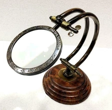 Glass Magnifying Wooden Stand Brass Vintage Magnifier Desk Top Nautical Gift