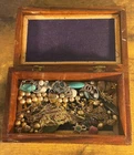 Vintage Costume Jewelry Lot Inlaid Wood Jewelry Box Pearls Chains Brooches