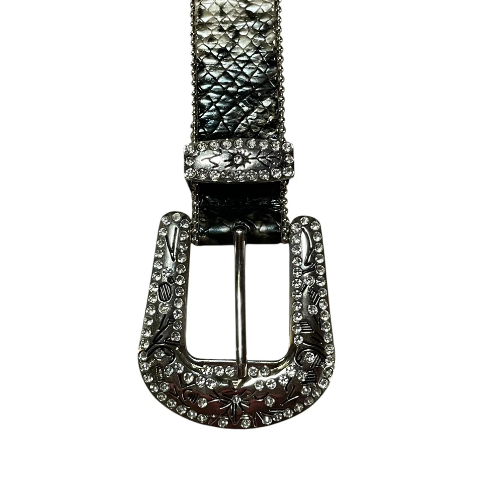 Rhinestone Studded Belt Women 2X Black Silver Fleur de Lis Faux Snake Cowgirl - Image 3 of 4