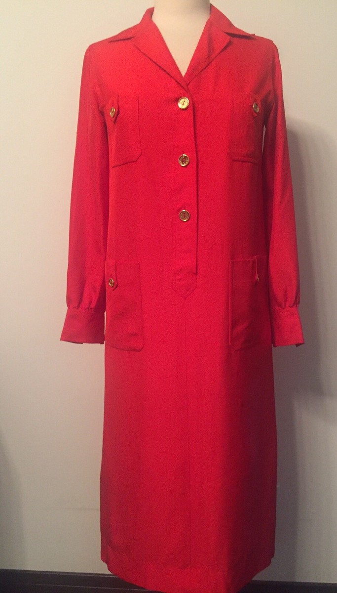ワンピース Celine Long shirt dress CELINE Vintage Silk Long-Sleeve Shirt Dress, Red, Size 38
