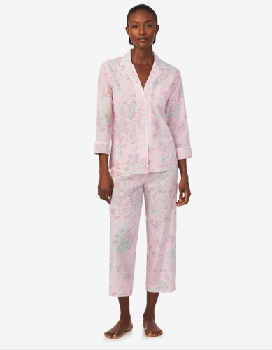 LAUREN Ralph Lauren 3/4 Sleeve Notch Collar Capris PJ Set (Pink Floral) Women's