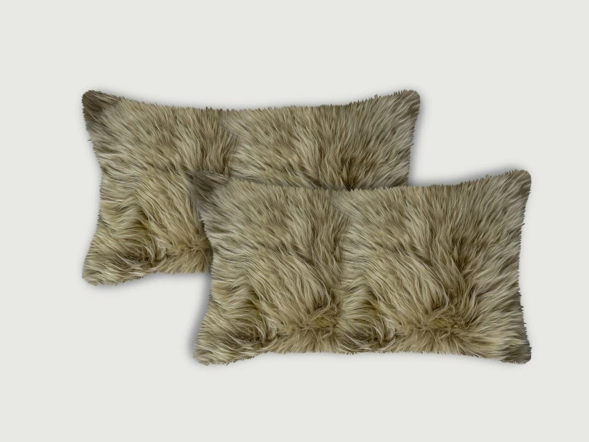 Luxury Set of Two Taupe Natural Sheepskin Lumbar Pillows Home Decor