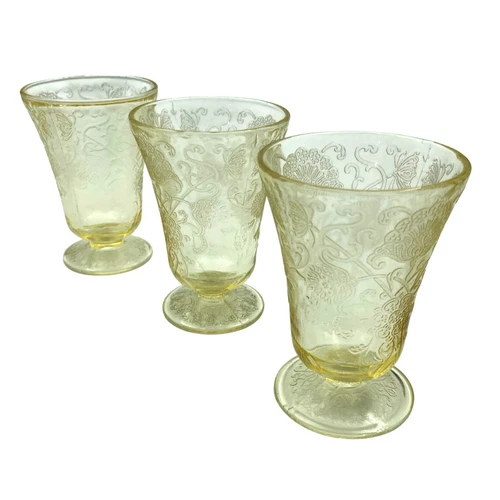 Hazel Atlas Florentine #2 Poppy Yellow 4” Footed Juice Tumbler Depression Glass