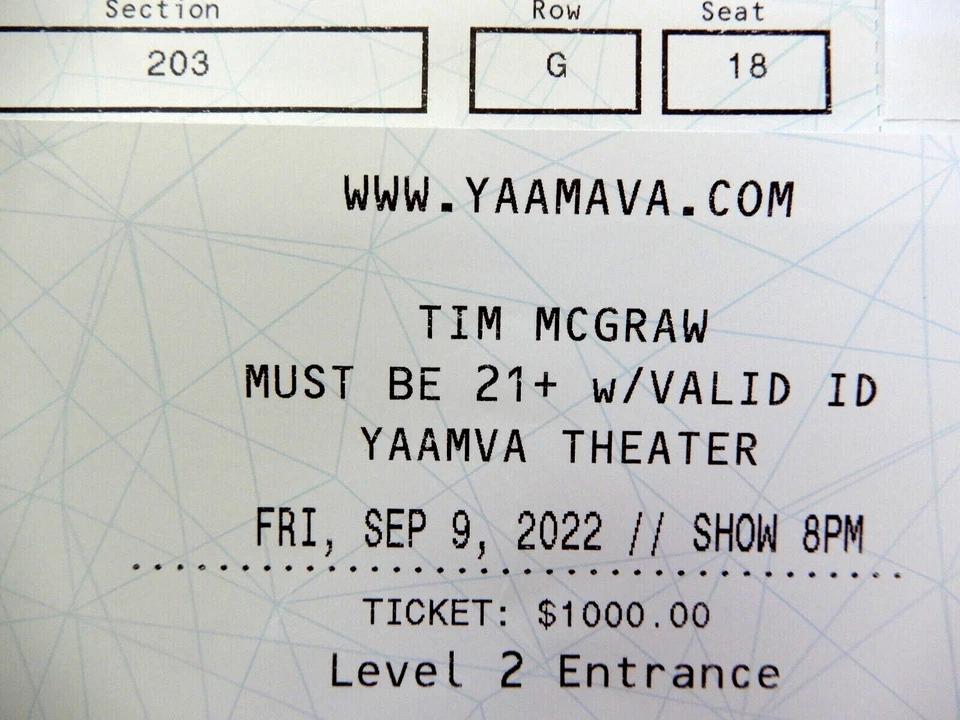 TIM MCGRAW CONCERT TICKET Stub Unused 9/9/2022 YAAMAVA RESORT & CASINO Highland - Image 2 of 4