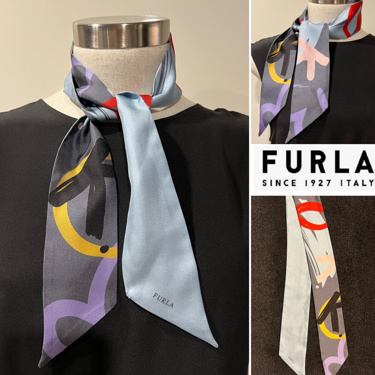 FURLA $290 Silk Twill Bandeau Wrappy Pale Blue Combo Art SCARF 6cm