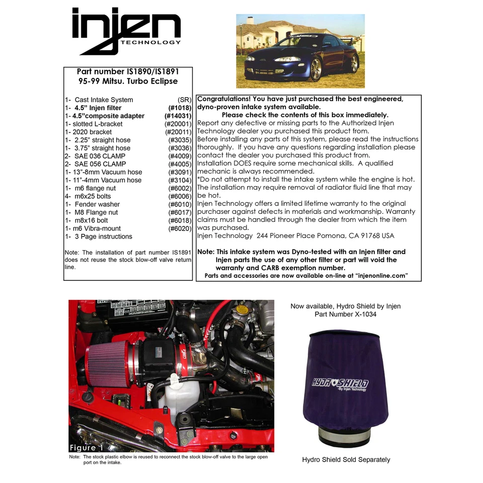 Воздухозаборник холодного воздуха Injen IS1890P Short Ram для Mitsubishi Eclipse 2.0 Turbo 1995-99 годов выпуска - Изображение 4 из 4