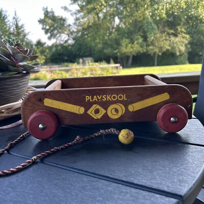 Vintage 1960s 1970s Yellow Paint  Playskool Wood Wagon Pull Toy Red Wheels