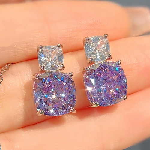 New 10mm Ice Flower Cut Purple Amethyst Gems Silver Women Girl Stud Earrings - Picture 4 of 6