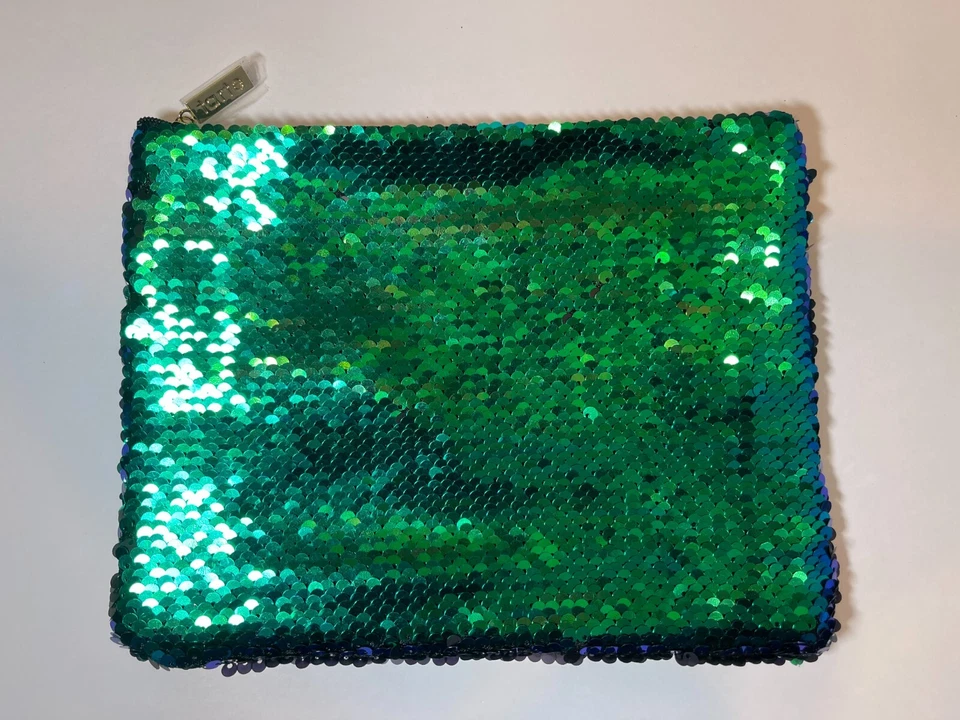Bolso sin asas de maquillaje Tarte verde/azul marino/negro brillante sirena cremallera lentejuelas nuevo Foto 2 de 4
