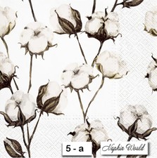  5 TWO Individual Paper Luncheon Decoupage Napkins - COTTON BLOSSOMS BRANCHES