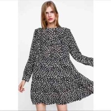 Zara Womens Ruffle Animal Print Babydoll Dress Long Sleeve Blk/Wht 3198/251 S