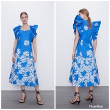 NWT ZARA PRINTED POPLIN DRESS SIZE XS OVER SIZED RUFFLED SLEEVE FLORAL BLUE 