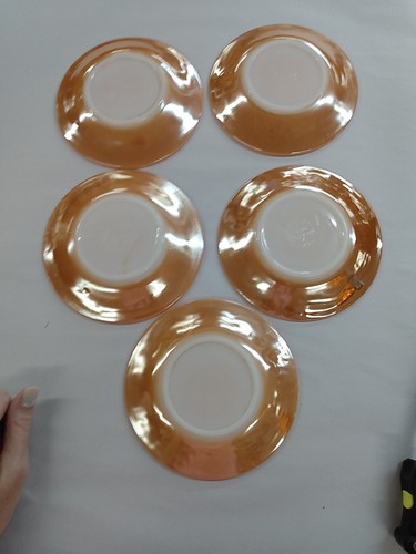 Set Of 5 Vintage Fire King Peach Luster 3 Band Saucers - Picture 5 of 5