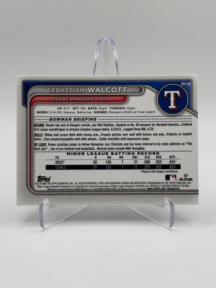 2024 Bowman Chrome Prospects #BCP-81 SEBASTIAN WALCOTT - Image 2 of 2