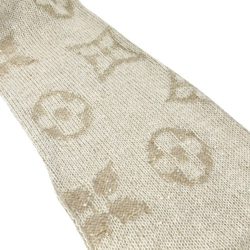 LOUIS VUITTON Vintage LV Monogram Logo Knit Sequins Scarf Shawl Beige Mohair - Picture 9 of 10