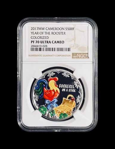 CAMEROON. 2017, 500 Francs, Silver - NGC PF70 UC - Top Pop 🥇 Rooster - Picture 2 of 10