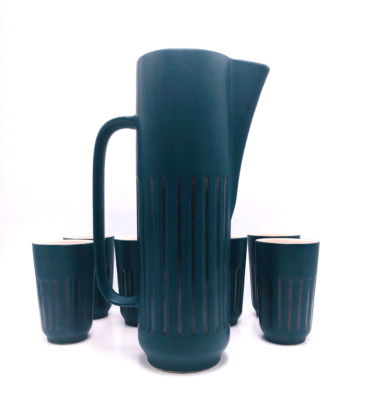 Count Ortenburg Pottery Pitcher Plus 6 Mugs, Juice Set, Water Pitcher Mid Century
