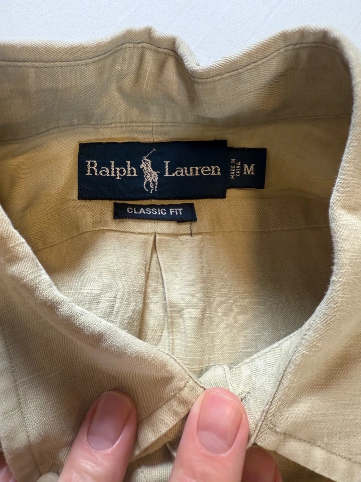 Ralph Lauren Men's Dress Shirt Classic Fit Khaki Medium Linen Gently Used - Image 4 of 4