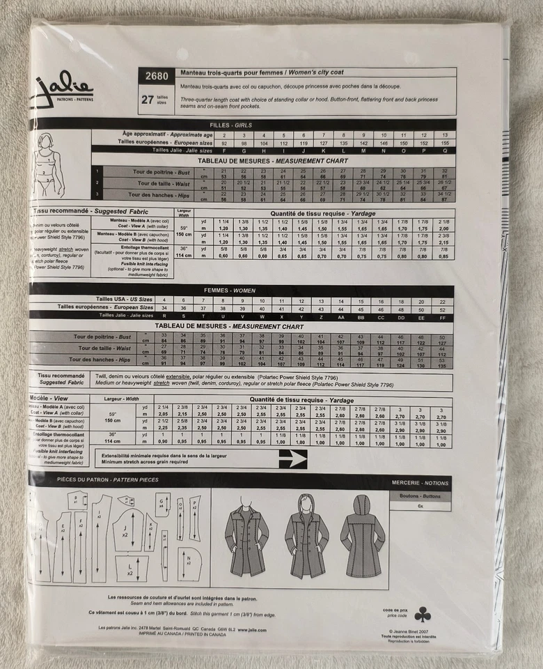 Jalie Pattern 2680 Women's City Coat 27 Sizes Girls Uncut New - Image 2 of 2