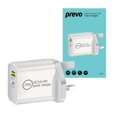 Prevo QC70 20W Usb Type-C & Usb Type-A Fast Charge Mains Charger With Qc 3.0 And