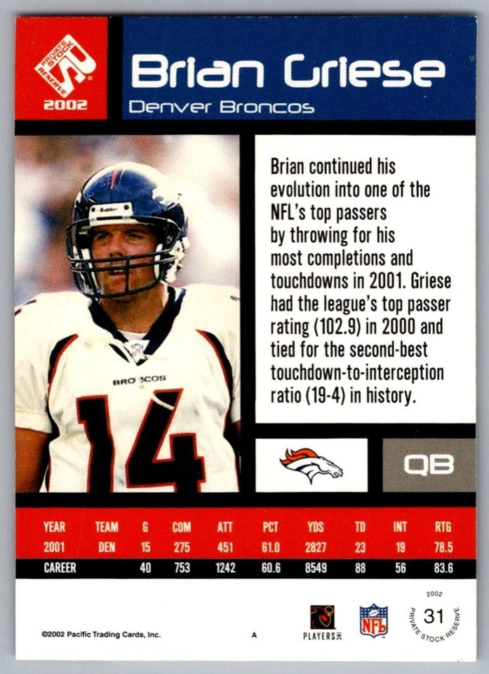 2002 Pacific Red Brian Griese Denver Broncos #84 - Image 2 of 2