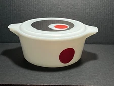 HTF Original Pyrex Moon Deco 1971 Covered Casserole & Lid Round Black Red Dot VG