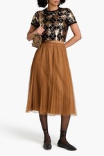 RED Valentino Pleated Midi Skirt Brown Point d’Esprit Tulle Designer Size UK 8