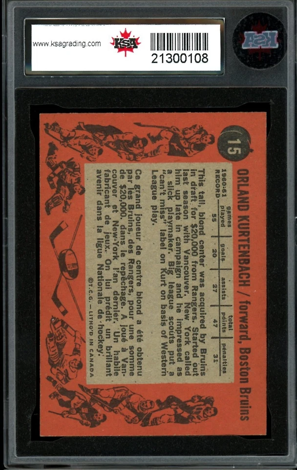 1961-62 TOPPS NHL HOCKEY #15 Orland Kurtenbach Rookie KSA 6 EX-NM BOSTON Bruins - Image 2 of 2
