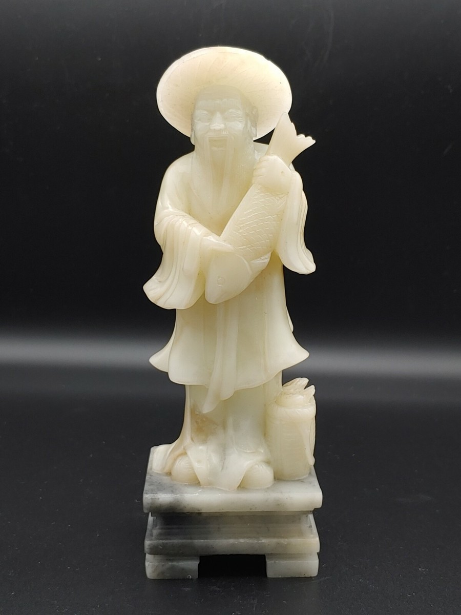 寿山石雕像白芙蓉藕尖白丰收渔翁Chinese Shoushan White Furong Stone
