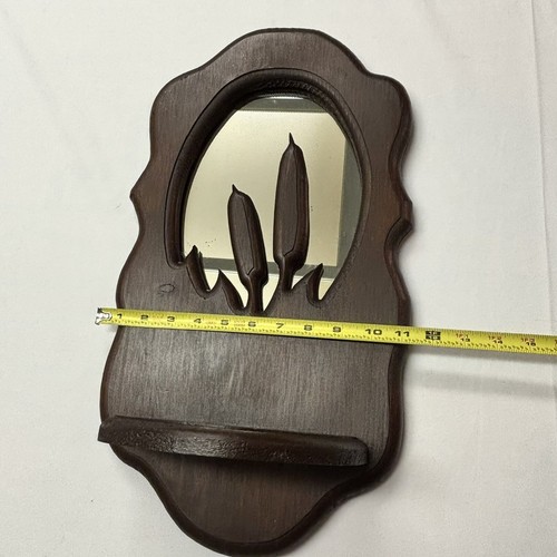 Vintage Wood Mirror Shelf Cattail Carving Rustic Decor Man Cave Hunting 20”x11” - Picture 5 of 7