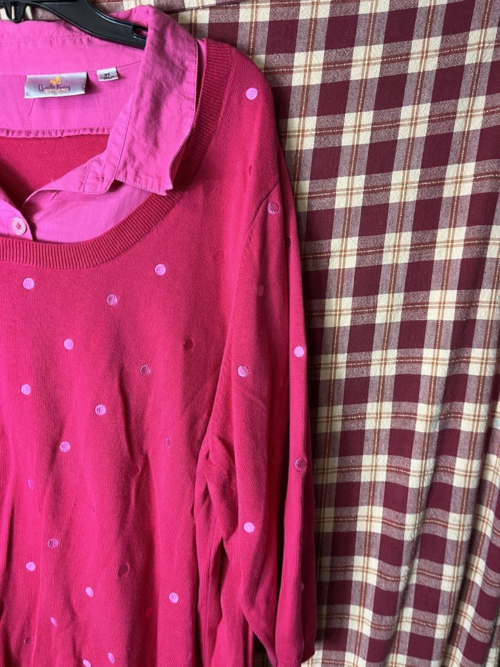 Quacker Factory Polka Dot Duet Sweater with Woven Collar Size 3XL Pink - Image 4 of 4