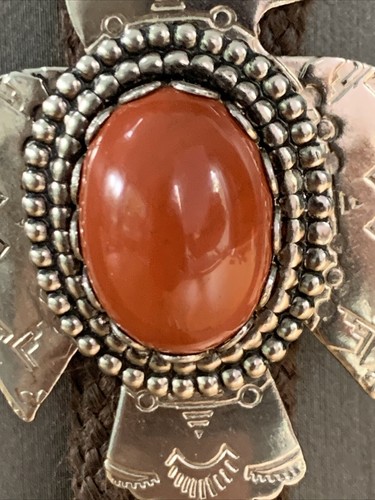 Vintage Native American Carnelian Stone Thunderbird Bolo Tie Brown Cord - Picture 2 of 10