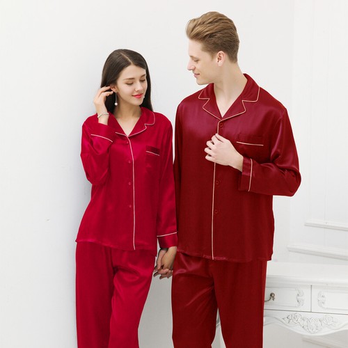 100% Nature Silk Sleepwear Set For Couples Long Sleeve Pajamas & Pants Silky Set - Bild 2 von 15