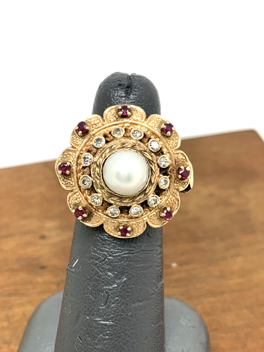 Pearl Ruby Diamond Women's Cocktail Ring 14k Yellow Gold Vintage Estate Size 5.5 - Picture 6 of 14