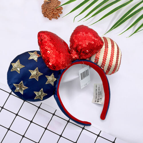 Disney- Resort USA Stars Stripes Flag Sequins Minnie Mouse Ears Bow Headband US - Picture 6 of 7