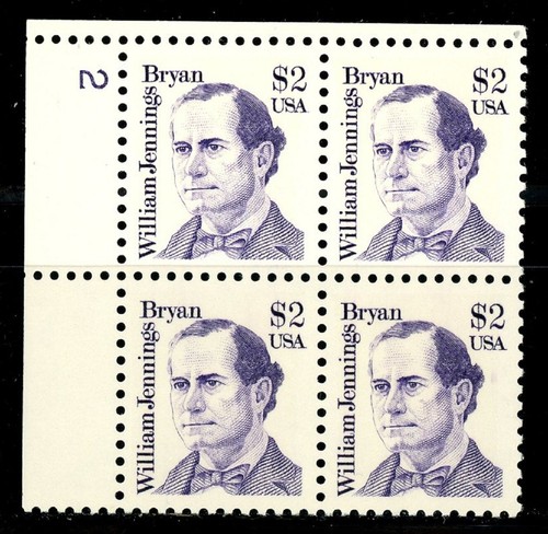 William Jennings Bryan Numbered Plate Block of 4 Plate 2 UR MNH Scott's 2195 - Picture 2 of 2