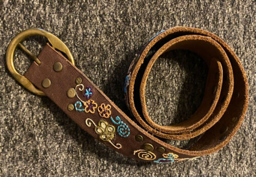 Lucky Brand Brown Tan Leather Embroidered Floral Belt Boho Hippie Brass - 28” - Picture 3 of 6
