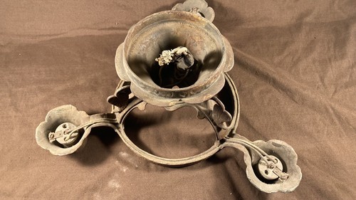 Antique 3 Light Arts Crafts Mission Ceiling Light Fixture Hammered Iron - Picture 12 of 24