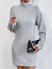 Turtleneck Dropped Shoulder Rib Knit Stretch Dress Light Grey Size 12/14 Bnwot