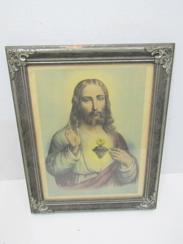 OLD VINTAGE JESUS OPEN HEART SIGNED RELIGIOUS PICTURE WOOD FRAME - Picture 1 of 3