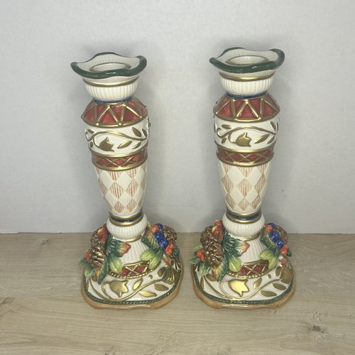 Fitz & Floyd Classics Set Of 2 Christmas 9” Taper Candle Holders Candlesticks - Picture 4 of 11