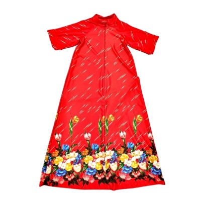 a line dress 70s Vintage Floral Border Print A-line Red MuuMuu BOHO Cottagecore *READ they are normal phenomena