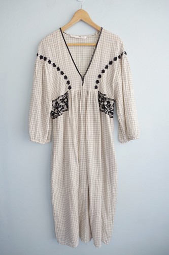 Zara Midi Dress Womens Large 10 12 Ivory Check Floral Embroidered Boho Gypsy